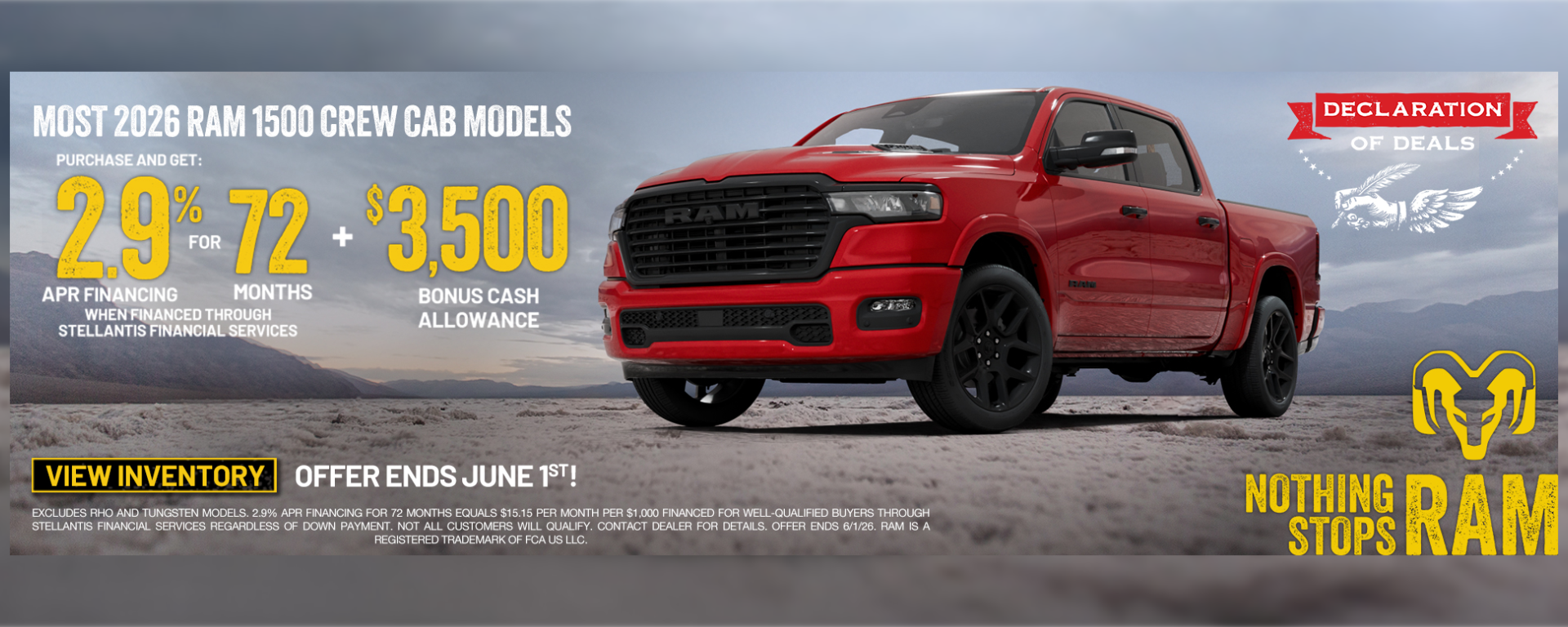 Special offer on    As low as 2.9% Financing on a 2026 Ram 1500